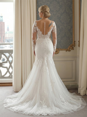 Wedding Dress Illusion Sweetheart Long Sheer Lace Sleeve Deep V Back Pearl Button Full Lace Mermaid Flowy Tulle Sweep Train Bridal Gown