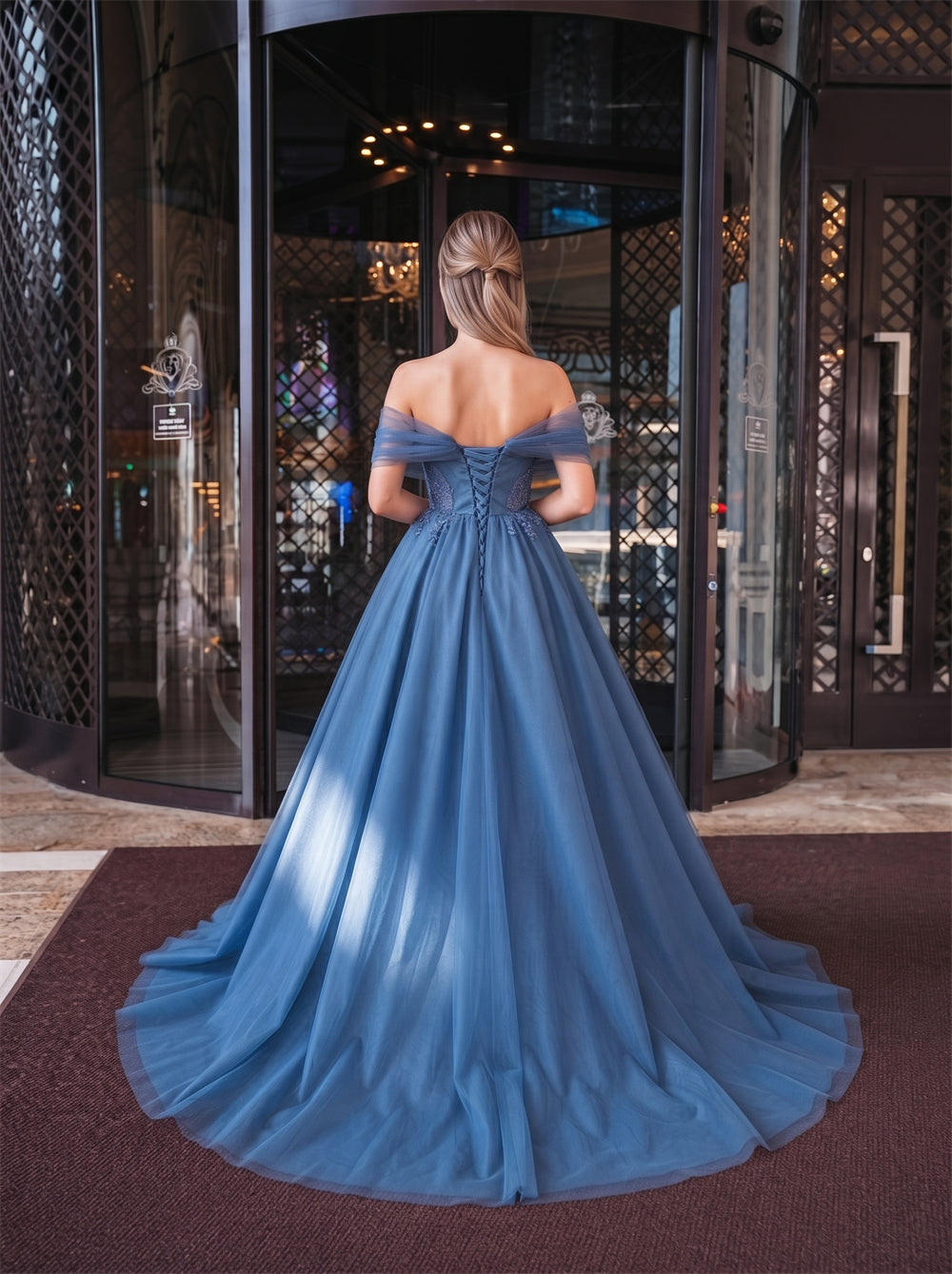 Off-The-Shoulder Dusty Blue Tulle Ball Gown Beaded Floral Lace Corset Lace Up Back Formal Evening Dress