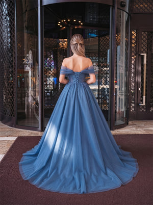 Off-The-Shoulder Dusty Blue Tulle Ball Gown Beaded Floral Lace Corset Lace Up Back Formal Evening Dress