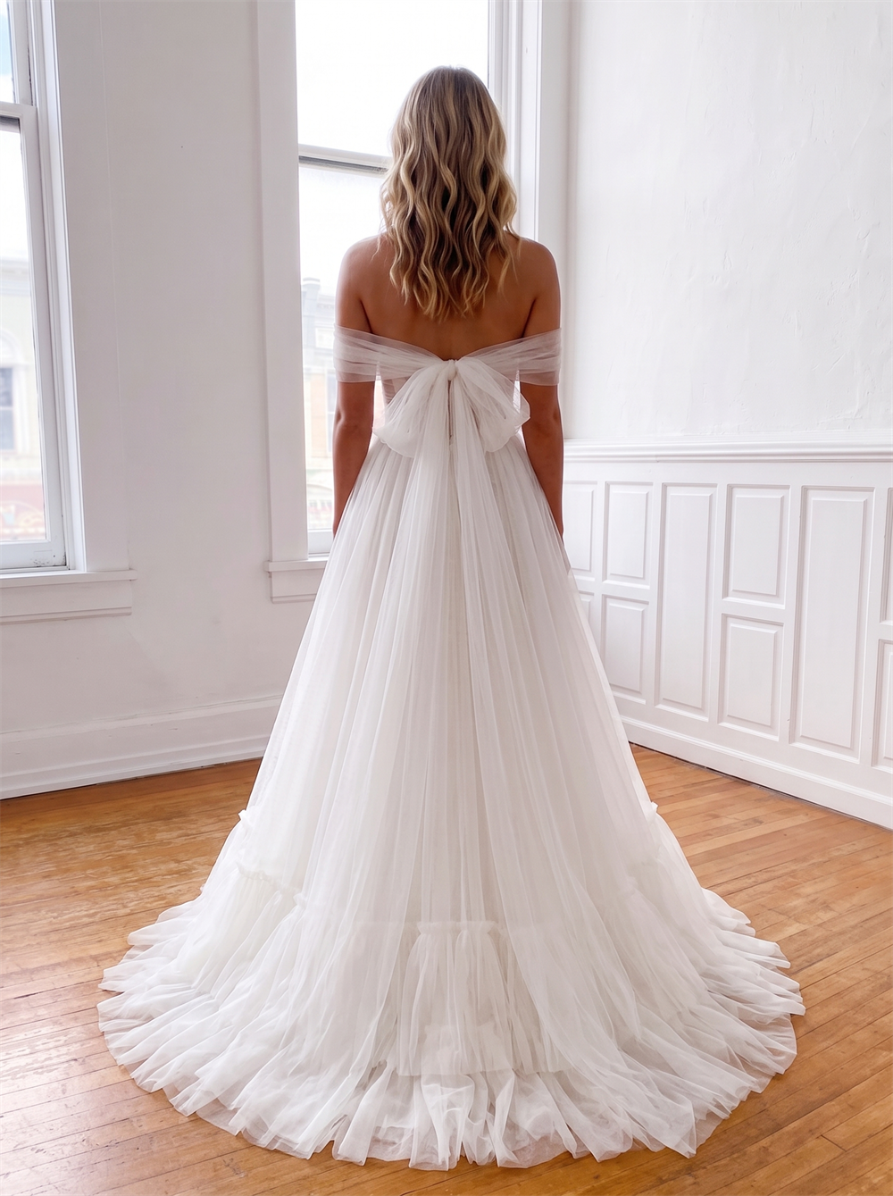 Off The Shoulder Ruched Tulle Wedding Dress Sweetheart Back Big Bow Tiered Ruffle A Line Bridal Gown