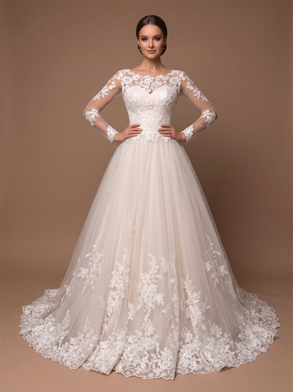 Long Sleeve Illusion Lace Tulle Wedding Dress Boat Neck Sheer Back Pearl Button Ball Gown Lace Hem Train Bridal Dress