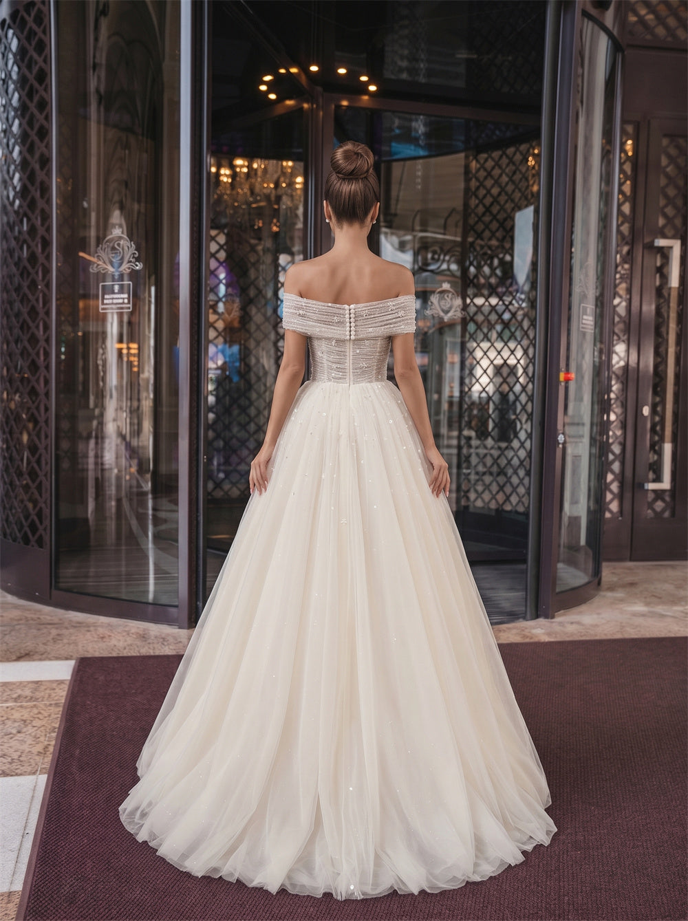 Off Shoulder Beaded Corset Pearl Button Glitter Tulle A Line Wedding Dress Bridal Dress