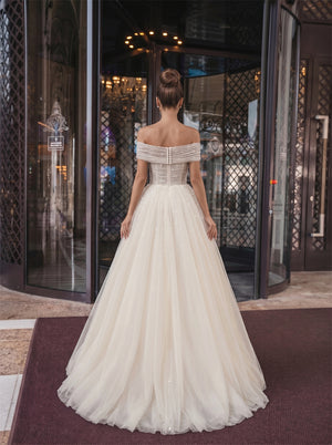 Off Shoulder Beaded Corset Pearl Button Glitter Tulle A Line Wedding Dress Bridal Dress