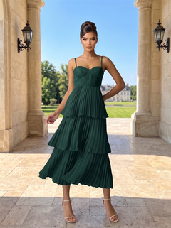 Adjustable Spaghetti Strap Midi Chiffon Bridesmaid Dress Concealed Back Emerald Green Mid-Calf Length Formal Wedding Guest Cocktail Gown