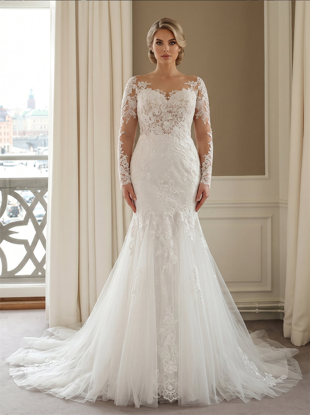 Wedding Dress Illusion Sweetheart Long Sheer Lace Sleeve Deep V Back Pearl Button Full Lace Mermaid Flowy Tulle Sweep Train Bridal Gown