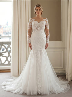 Wedding Dress Illusion Sweetheart Long Sheer Lace Sleeve Deep V Back Pearl Button Full Lace Mermaid Flowy Tulle Sweep Train Bridal Gown