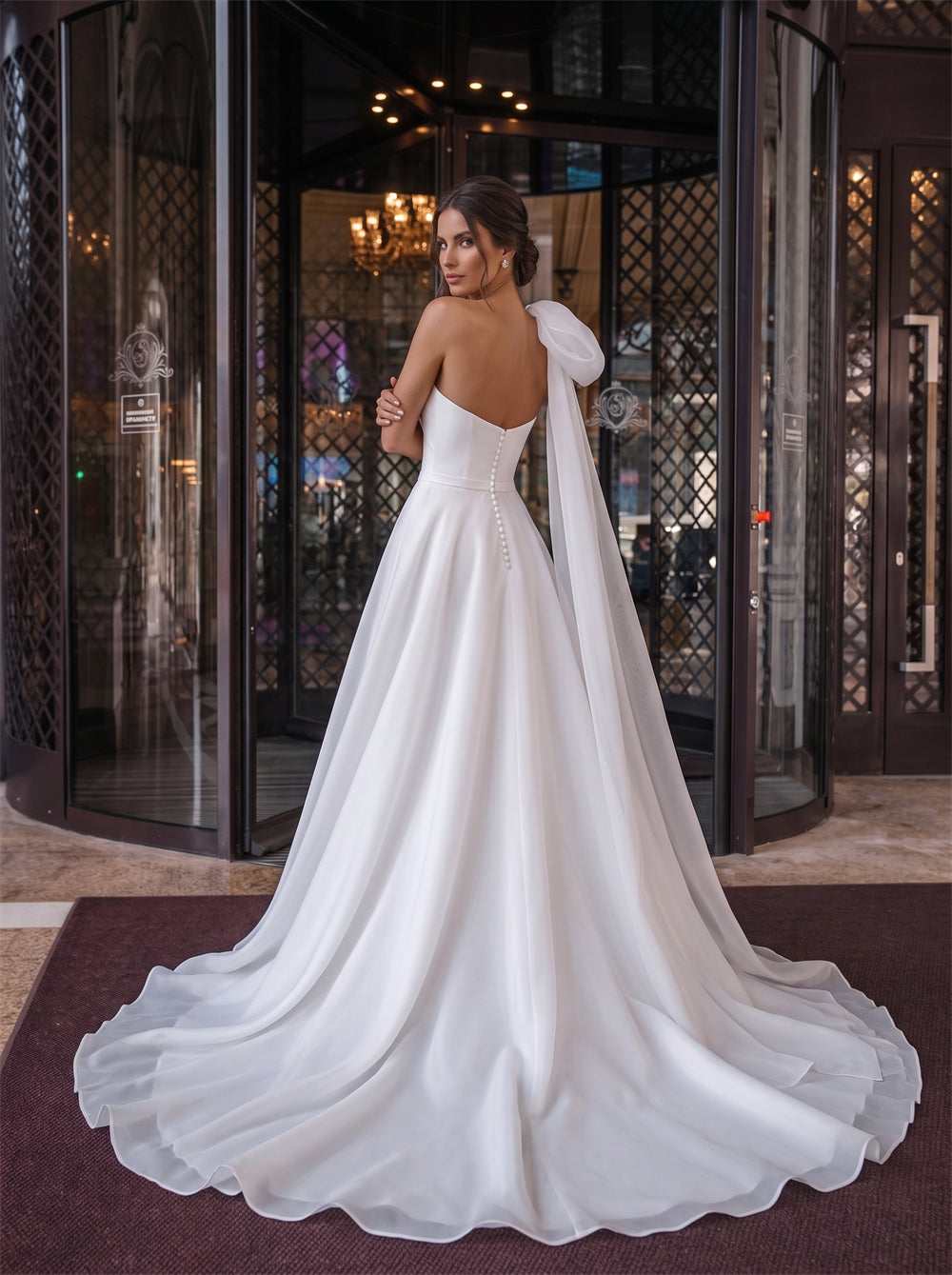 One Shoulder Organza Bow Pearl Button A Line Wedding Dress Bridal Dress