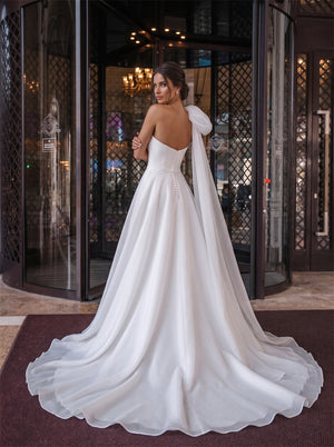 One Shoulder Organza Bow Pearl Button A Line Wedding Dress Bridal Dress
