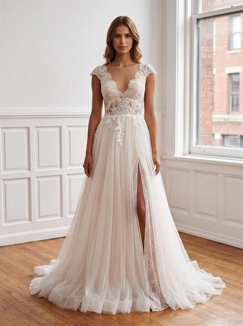 Cap Sleeve Illusion Neck Lace Dot Tulle Wedding Dress Deep V Back Pearl Buttons High Side Slit A Line Bridal Gown
