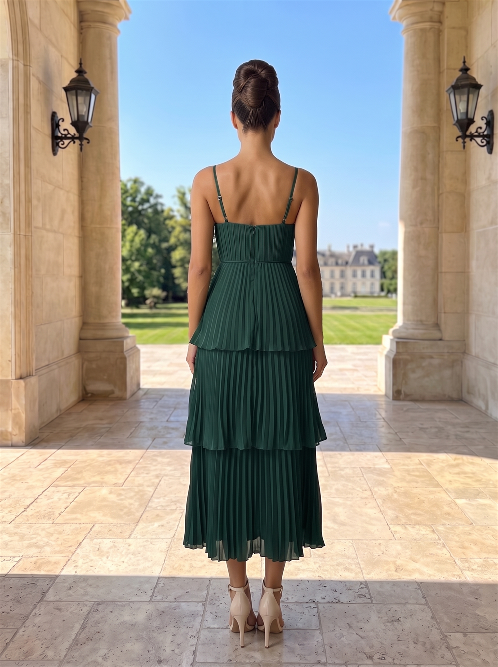 Adjustable Spaghetti Strap Midi Chiffon Bridesmaid Dress Concealed Back Emerald Green Mid-Calf Length Formal Wedding Guest Cocktail Gown