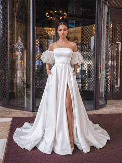 Strapless Polka Dot Puff Sleeve Lace Up Back High Slit Satin A Line Wedding Dress Bridal Dress
