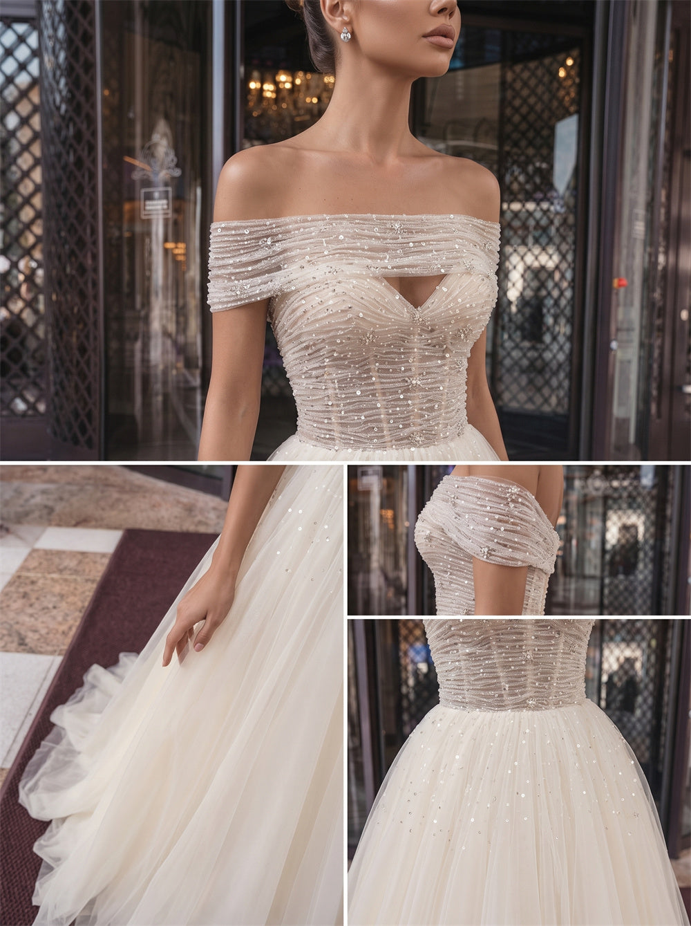Off Shoulder Beaded Corset Pearl Button Glitter Tulle A Line Wedding Dress Bridal Dress