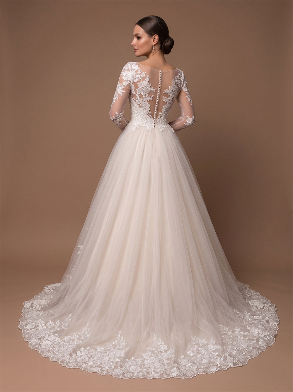 Long Sleeve Illusion Lace Tulle Wedding Dress Boat Neck Sheer Back Pearl Button Ball Gown Lace Hem Train Bridal Dress