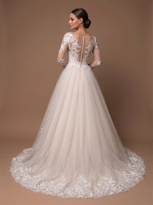Long Sleeve Illusion Lace Tulle Wedding Dress Boat Neck Sheer Back Pearl Button Ball Gown Lace Hem Train Bridal Dress