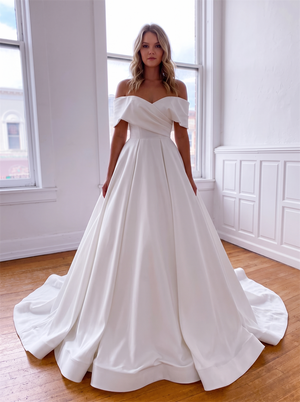 Off Shoulder Fold Over Satin Wedding Dress Low Open Back Plain Ball Gown Bridal Gown