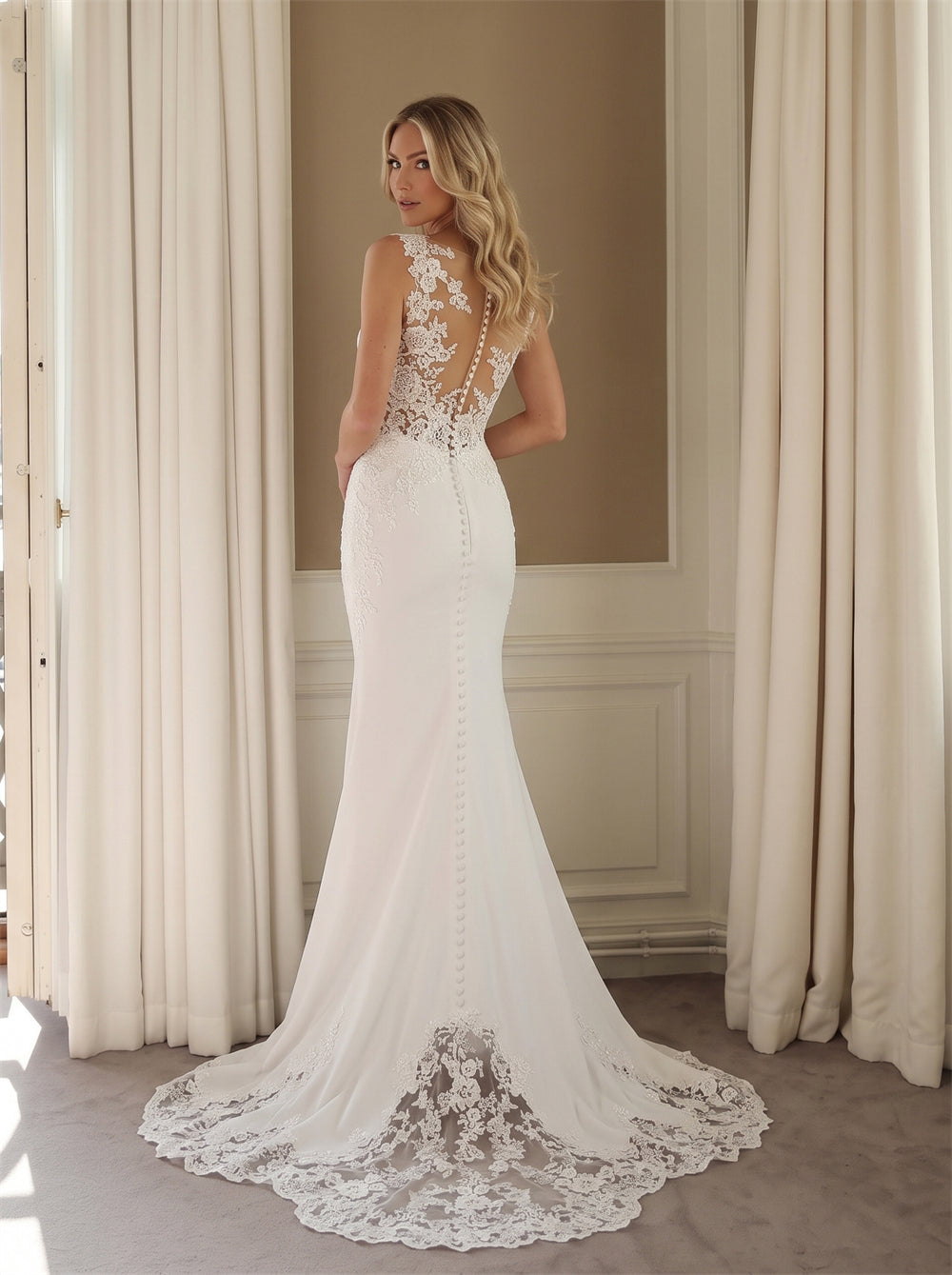 Wedding Dress High Illusion Neck Lace Bodice Low V Sheer Lace Back Vertical Pearl Button Mermaid Lace Hem Train Bridal Gown