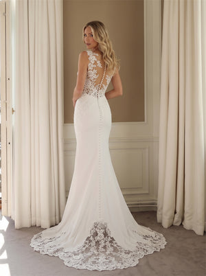 Wedding Dress High Illusion Neck Lace Bodice Low V Sheer Lace Back Vertical Pearl Button Mermaid Lace Hem Train Bridal Gown