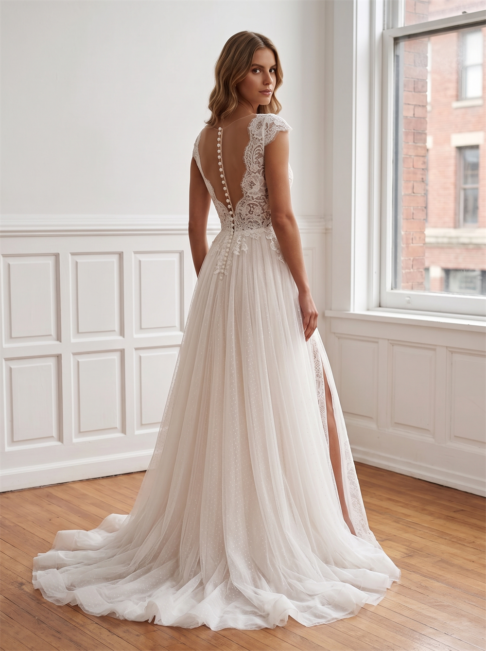 Cap Sleeve Illusion Neck Lace Dot Tulle Wedding Dress Deep V Back Pearl Buttons High Side Slit A Line Bridal Gown