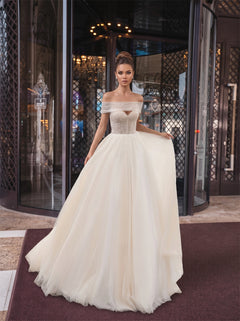 Off Shoulder Beaded Corset Pearl Button Glitter Tulle A Line Wedding Dress Bridal Dress