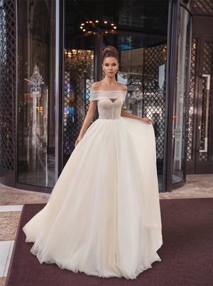 Off Shoulder Beaded Corset Pearl Button Glitter Tulle A Line Wedding Dress Bridal Dress