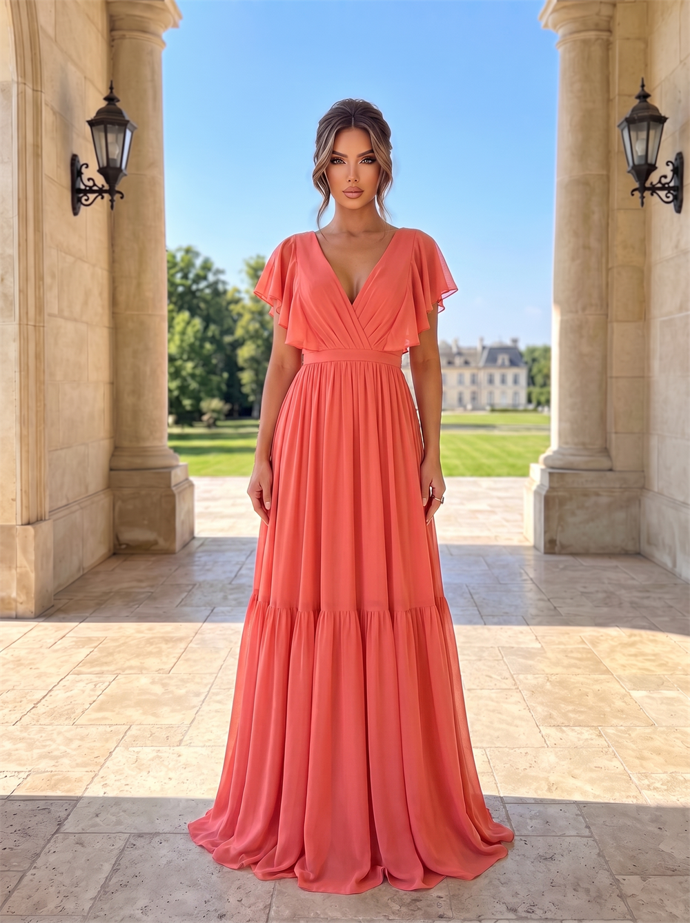 Short Flutter Sleeve Wrap V Neck Tiered Chiffon Bridesmaid Dress Open Back Tie String Coral Orange Formal Wedding Guest Evening Gown