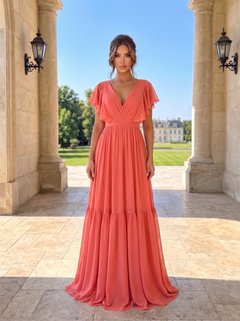 Short Flutter Sleeve Wrap V Neck Tiered Chiffon Bridesmaid Dress Open Back Tie String Coral Orange Formal Wedding Guest Evening Gown