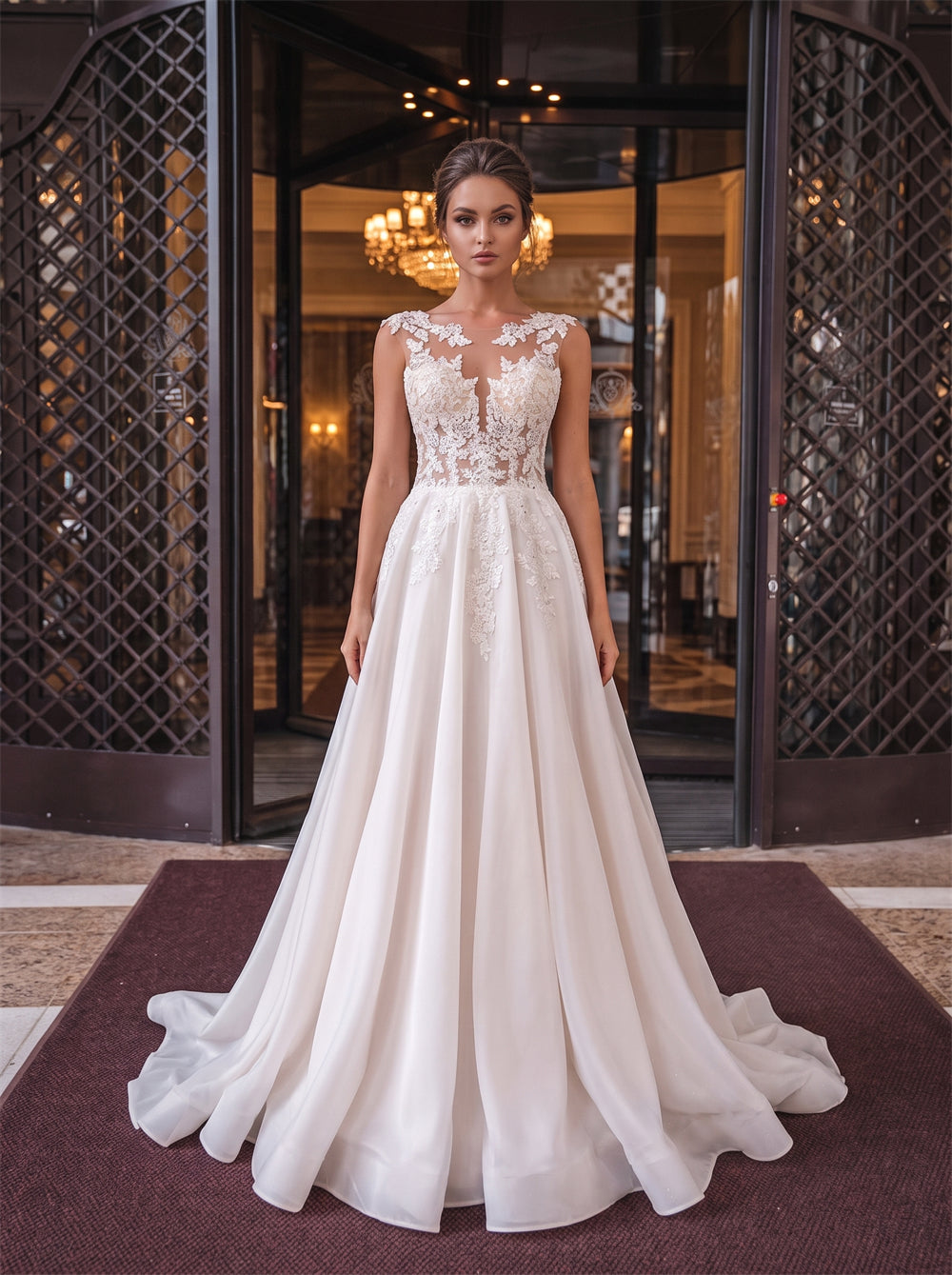 Sleeveless Illusion Lace Satin Chiffon Wedding Dress V Neck Sheer Back Button A Line Bridal Dress