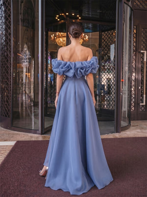 Convertible Off Shoulder Ruffle Organza Evening Dress Removable Overskirt High Slit Mini To Maxi Formal Party Gown