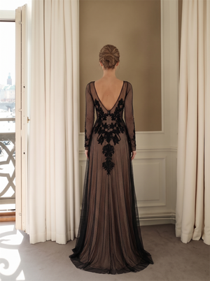 Long Sleeve Deep V Black Floral Lace Dot Tulle Evening Gown Low V Back Nude Lining Floor Length Formal Prom Dress
