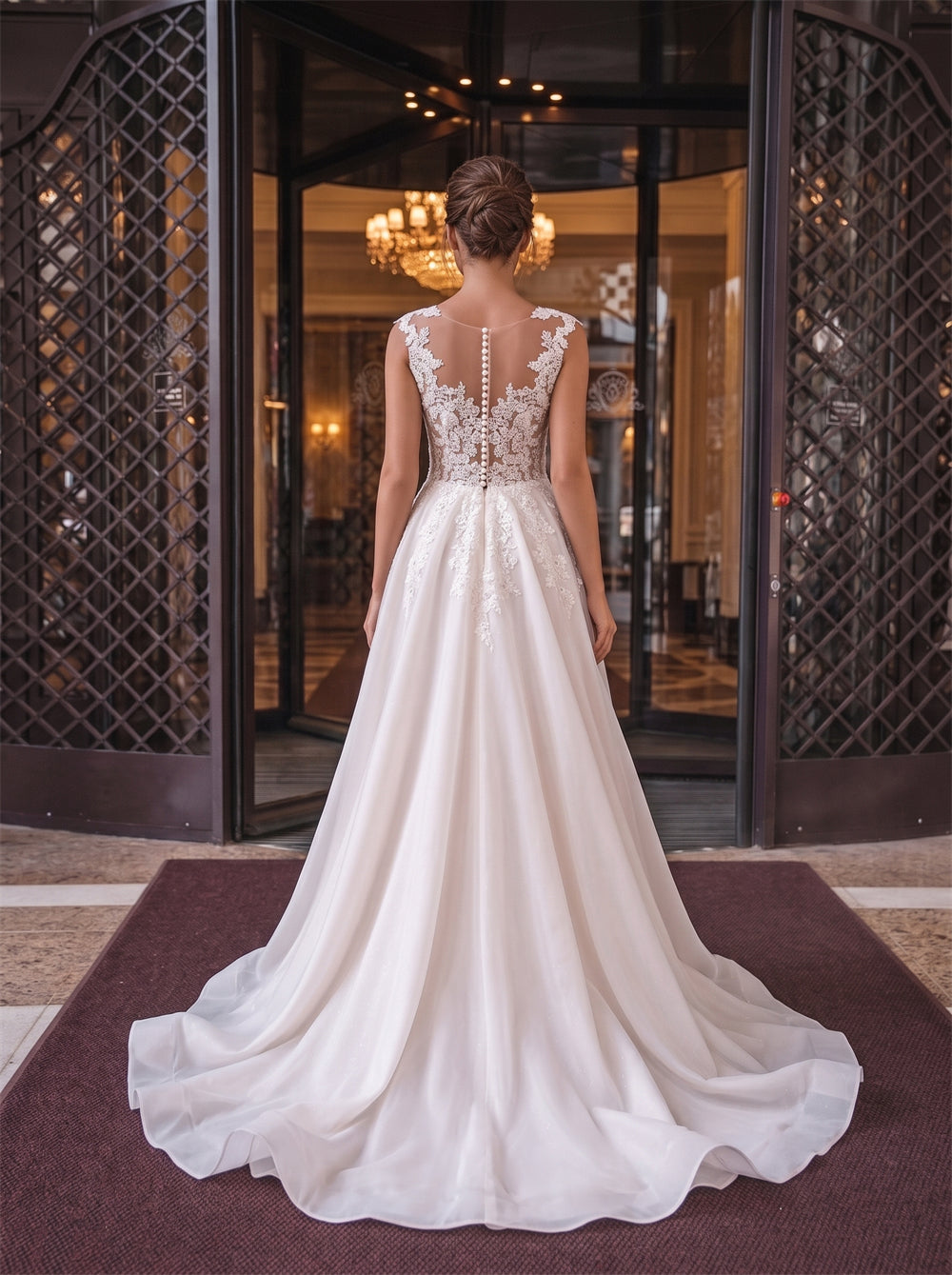 Sleeveless Illusion Lace Satin Chiffon Wedding Dress V Neck Sheer Back Button A Line Bridal Dress