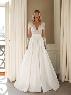 Wedding Dress Scalloped Lace Long Sleeve Plunge V Neck Illusion Low V Back Pearl Button Wide Waistband Flowy Satin A Line Bridal Gown