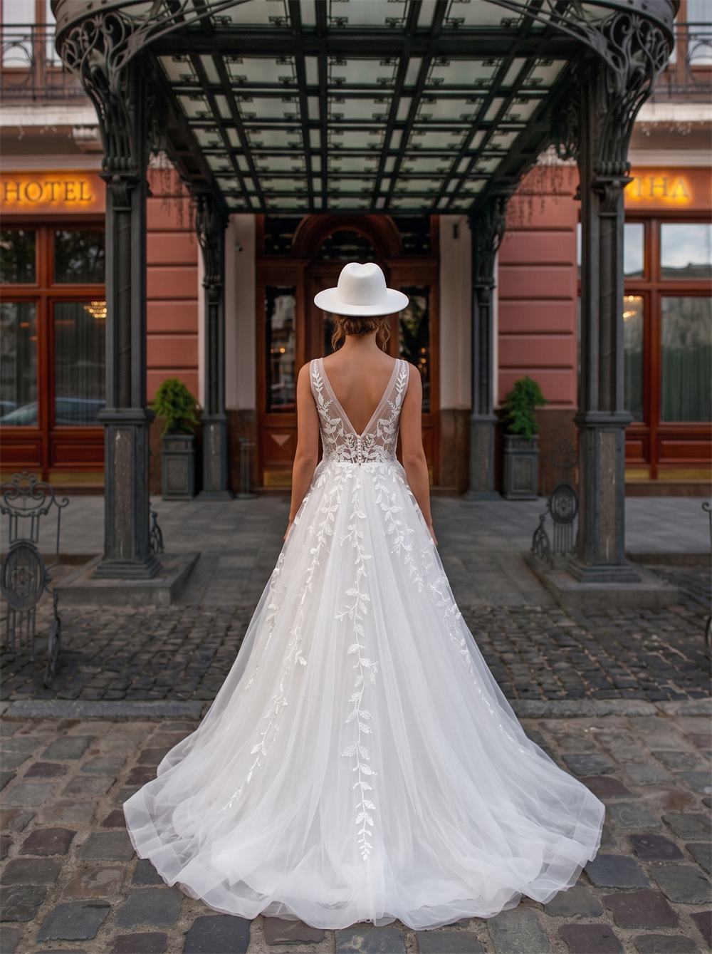 Sleeveless V Neck Leaf Floral Lace Tulle A Line Wedding Dress Deep V Low Back Outdoor Bridal Gown