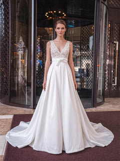 V Neck Cap Sleeve Floral Lace Sash Bow Deep V Back Satin A Line Wedding Dress Bridal Dress