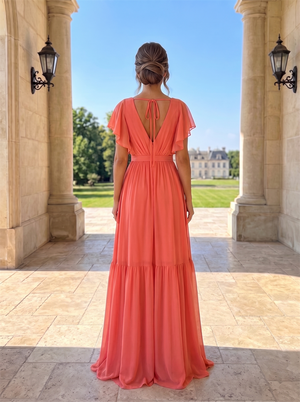 Short Flutter Sleeve Wrap V Neck Tiered Chiffon Bridesmaid Dress Open Back Tie String Coral Orange Formal Wedding Guest Evening Gown