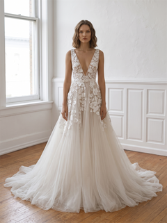 Deep V Thin Strap 3D Floral Lace Tulle Ball Gown Wedding Dress Low V Back Multi-Layer Airy Tulle Boho Bridal Gown