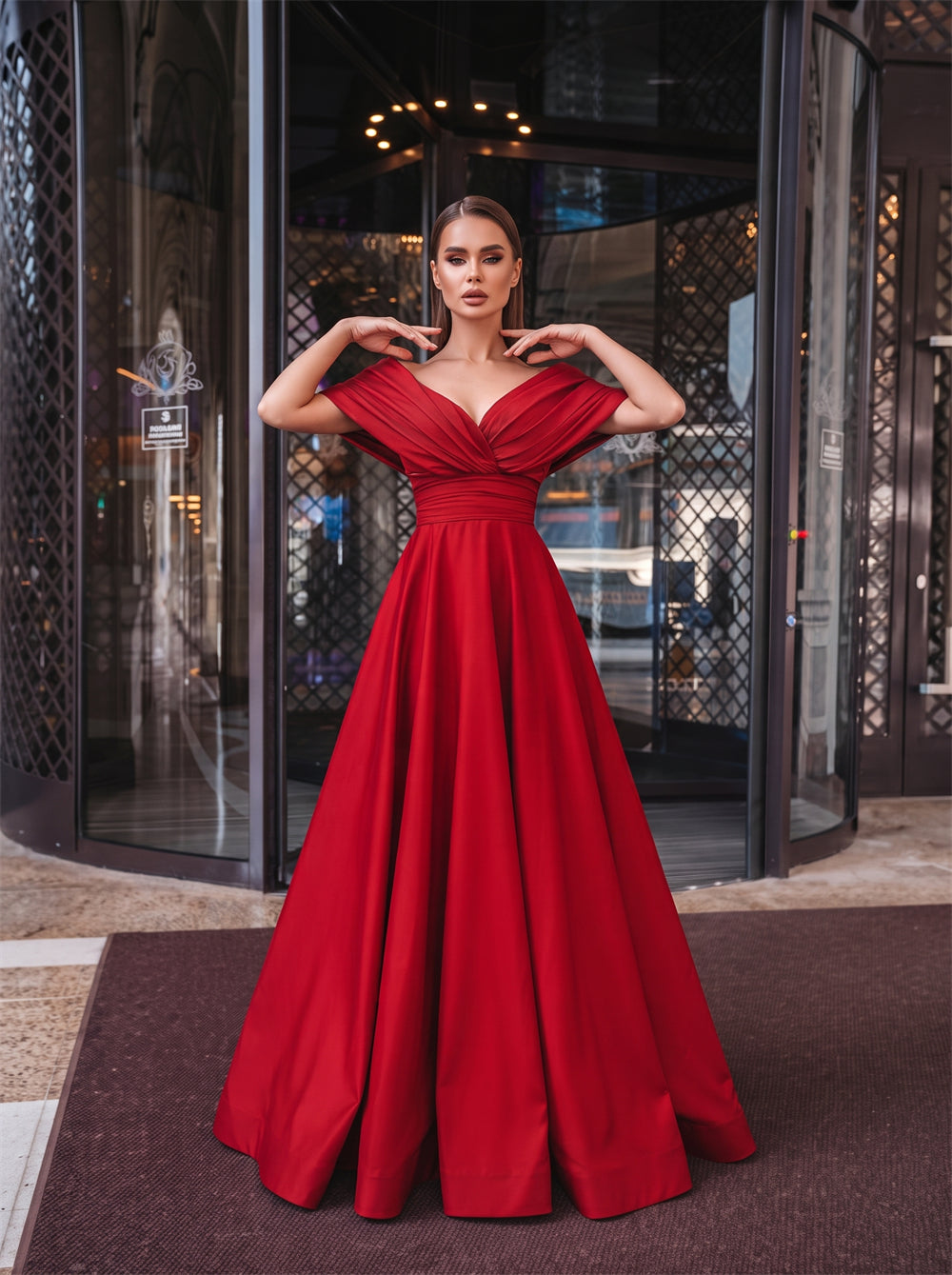 Off-The-Shoulder Red Satin Ball Gown Deep V Front And Back Ruched Waist A Line Floor Length Formal Evening Dress