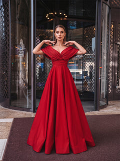 Off-The-Shoulder Red Satin Ball Gown Deep V Front And Back Ruched Waist A Line Floor Length Formal Evening Dress