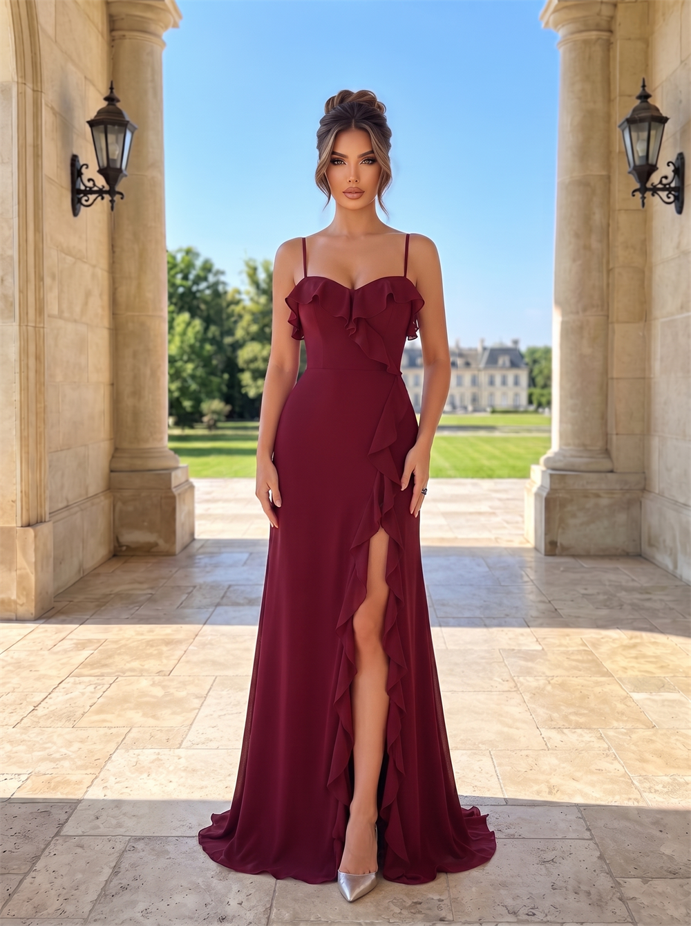Adjustable Spaghetti Strap Sweetheart Ruffle Chiffon Bridesmaid Dress High Slit Cascading Ruffle Burgundy Formal Wedding Guest Evening Gown