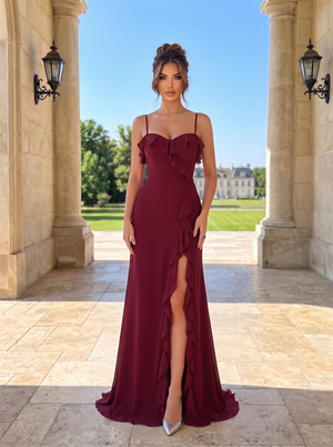 Adjustable Spaghetti Strap Sweetheart Ruffle Chiffon Bridesmaid Dress High Slit Cascading Ruffle Burgundy Formal Wedding Guest Evening Gown
