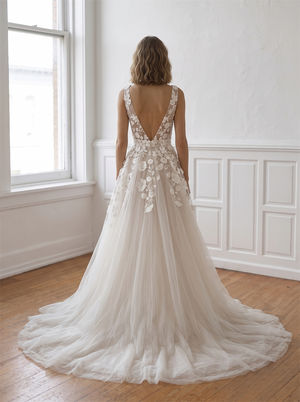 Deep V Thin Strap 3D Floral Lace Tulle Ball Gown Wedding Dress Low V Back Multi-Layer Airy Tulle Boho Bridal Gown