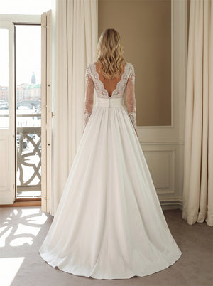 Wedding Dress Scalloped Lace Long Sleeve Plunge V Neck Illusion Low V Back Pearl Button Wide Waistband Flowy Satin A Line Bridal Gown