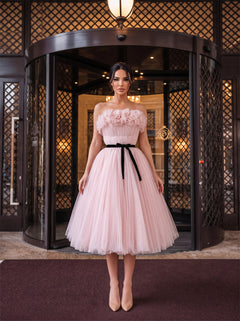 Strapless Ruffle Blush Tulle Midi Dress Black Velvet Sash A Line Prom Homecoming Dress