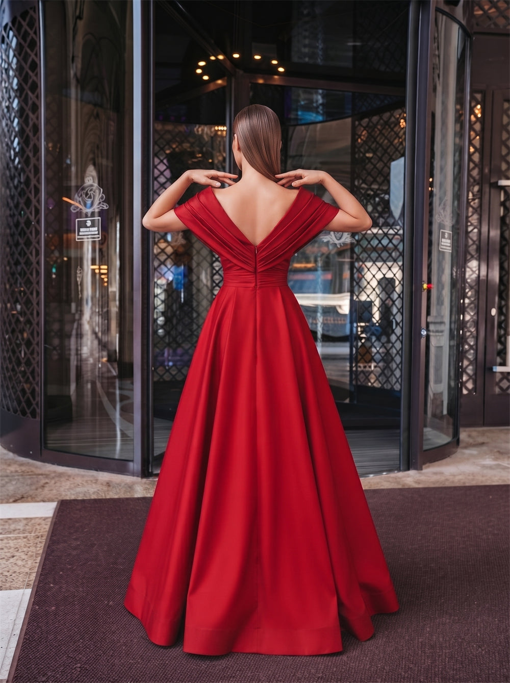 Off-The-Shoulder Red Satin Ball Gown Deep V Front And Back Ruched Waist A Line Floor Length Formal Evening Dress