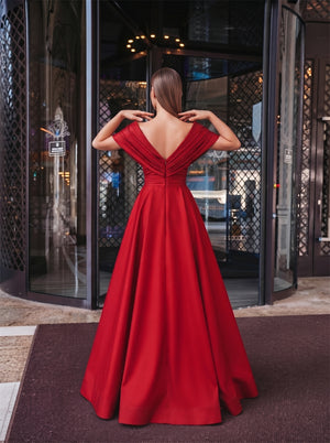 Off-The-Shoulder Red Satin Ball Gown Deep V Front And Back Ruched Waist A Line Floor Length Formal Evening Dress