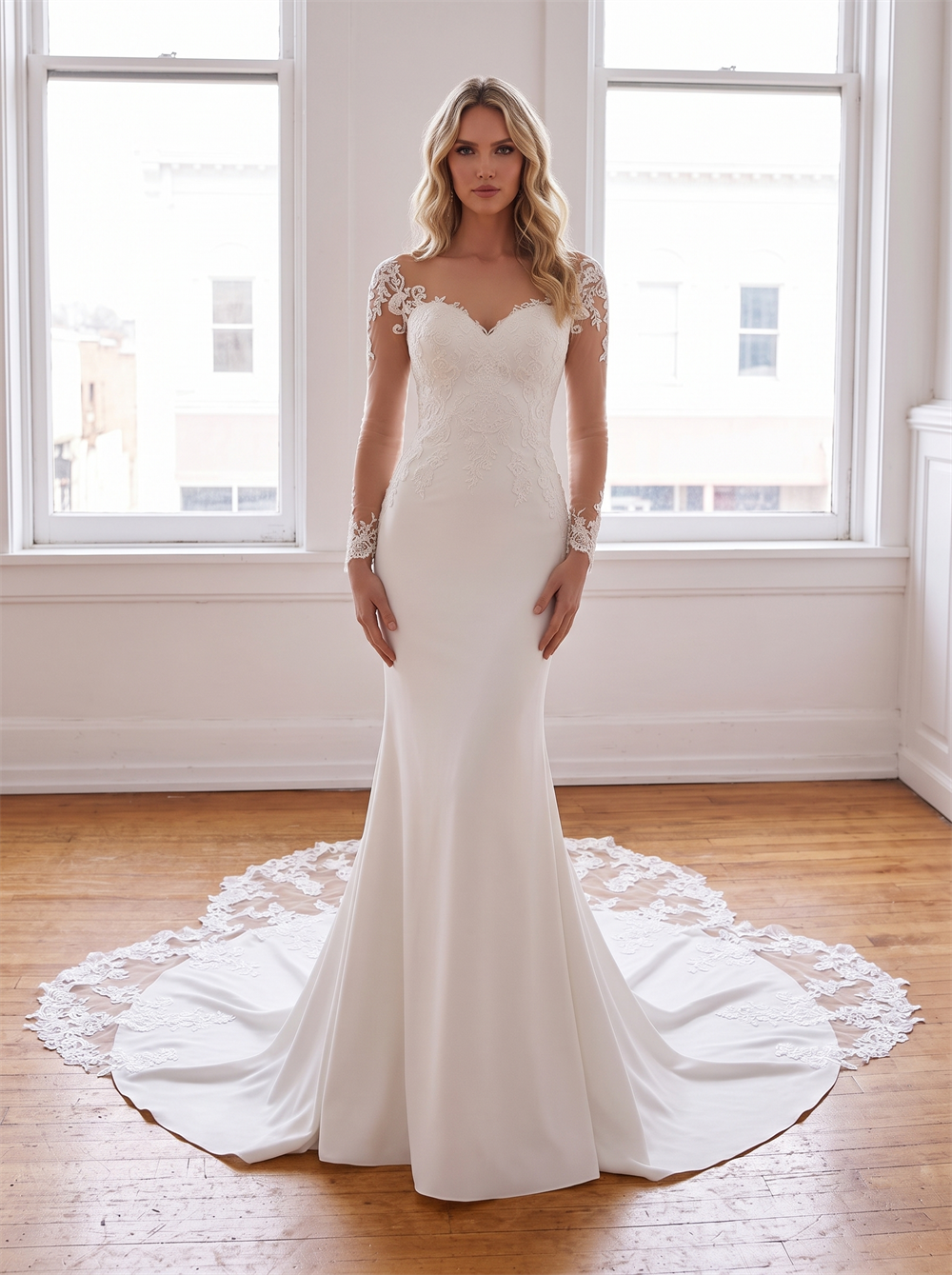 Long Sleeve Illusion Lace Mermaid Wedding Dress Sweetheart V Low Back Scalloped Lace Fit And Flare Bridal Gown