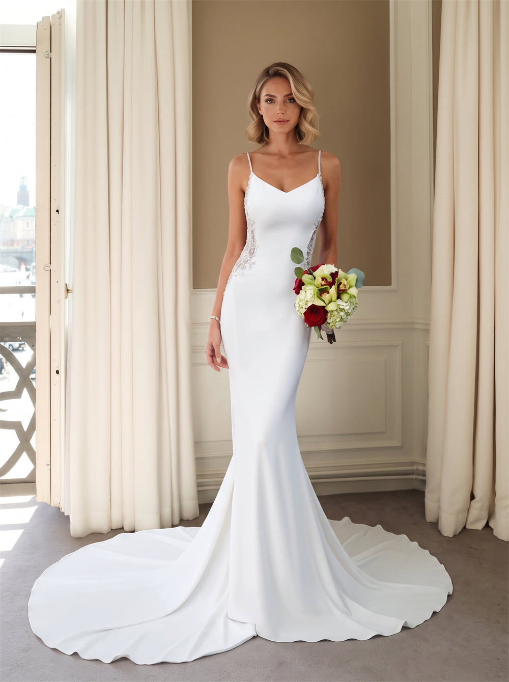 Wedding Dress Thin Spaghetti Strap V Neck Floral Lace Panel Low V Illusion Back Smooth Stretch Crepe Mermaid Bridal Gown
