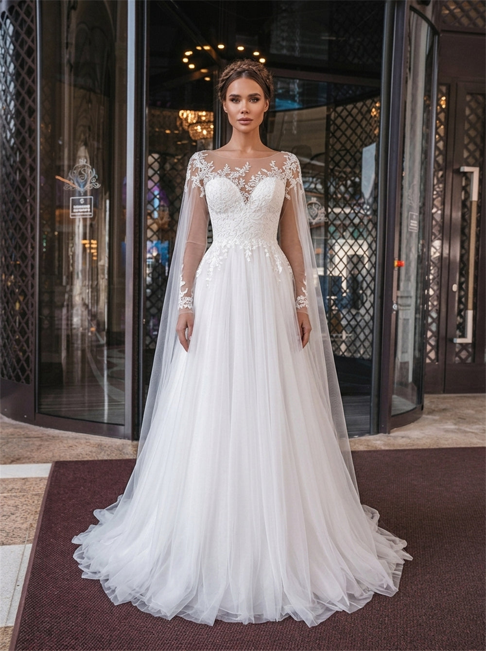 Illusion Neck Long Lace Sleeve Button Tulle A Line Wedding Dress Bridal Dress