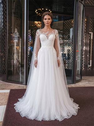 Illusion Neck Long Lace Sleeve Button Tulle A Line Wedding Dress Bridal Dress