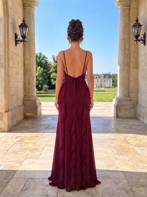 Adjustable Spaghetti Strap Sweetheart Ruffle Chiffon Bridesmaid Dress High Slit Cascading Ruffle Burgundy Formal Wedding Guest Evening Gown