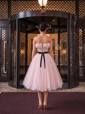 Strapless Ruffle Blush Tulle Midi Dress Black Velvet Sash A Line Prom Homecoming Dress